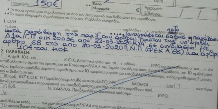 Έτσι είναι οι κλήσεις των 150 ευρώ για τους παραβάτες της απαγόρευσης κυκλοφορίας