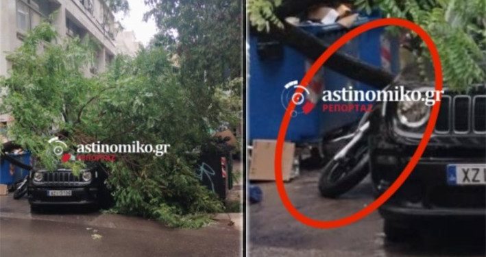 ΦΩΤΟ ΝΤΟΚΟΥΜΕΝΤΟ – Ξεριζώθηκε δέντρο στην Αθήνα και έπεσε πάνω σε αυτοκίνητο και μηχανάκι – Ένας τραυματίας – BINTEO